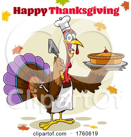 Cartoon Turkey Bird Holding a Pie with Happy Thanksgiving Text by Hit Toon