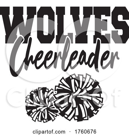 Black and White Pom Poms with WOLVES Cheerleader Text by Johnny Sajem