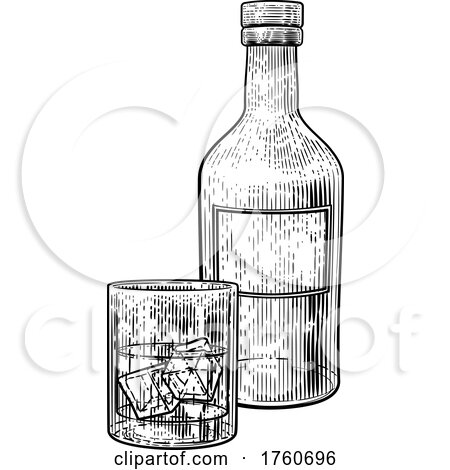 Ice Drink Glass and Bottle Vintage Etching Drawing by AtStockIllustration