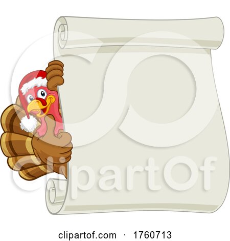 Turkey Santa Hat Christmas Cartoon Scroll Sign by AtStockIllustration