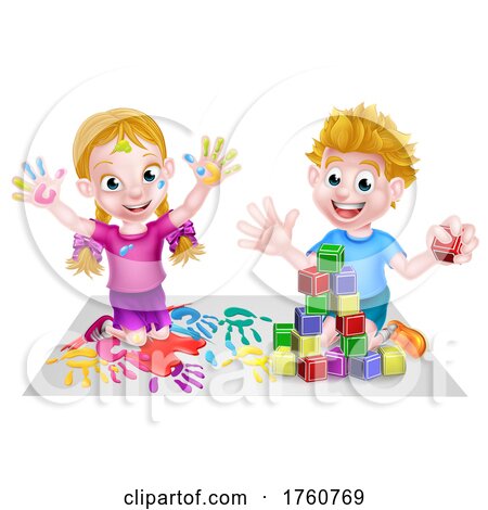 Cartoon Boy and Girl Playing by AtStockIllustration