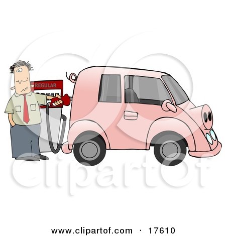 An Anxious Man Filling Up His Gas Hog Of A Vehicle, Possibly A Mini Van, That Is Pink, Has A Curly Tail And Snout And Resembles A Pig Clipart Illustration by djart