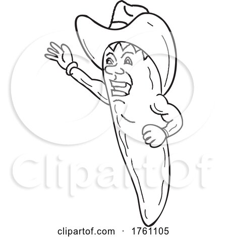 Jalapeno Chili Pepper Wearing a Cowboy Hat and Waving Hello Vintage Tattoo Black and White Drawing by patrimonio