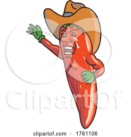 Jalapeno Pepper Wearing a Cowboy Hat and Waving Hello Vintage Tattoo Drawing by patrimonio