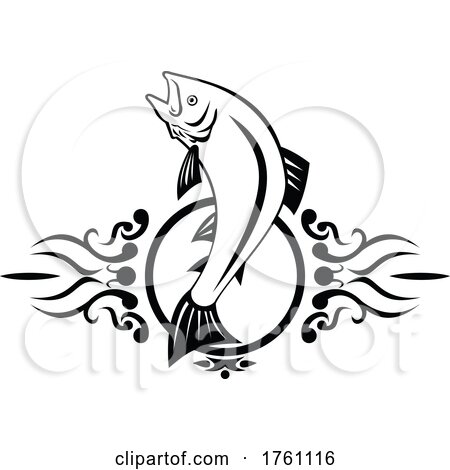 Lake Trout Jumping up Tribal Tattoo Retro Style Black and White by patrimonio