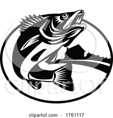 Walleye Fish Jumping up with Lake Cabin Oval Retro Black and White by patrimonio