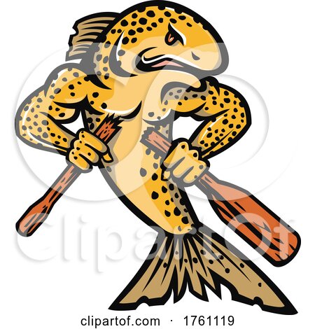 Brown Trout Salmo Trutta or Salmon Breaking an Oar or Paddle Cartoon Mascot Color by patrimonio