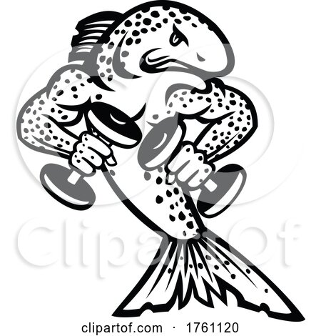Muscular Brown Trout or Salmon Breaking Lifting Dumbbell Weights Cartoon Mascot Black and White by patrimonio