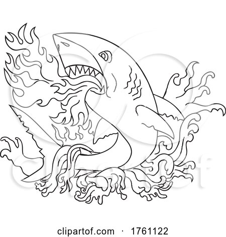 Shark Breathing Fire Jumping up with Waves Vintage Tattoo Style Black and White by patrimonio
