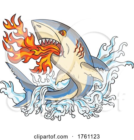 Great White Shark Breathing Fire Jumping up with Waves Vintage Tattoo Style by patrimonio