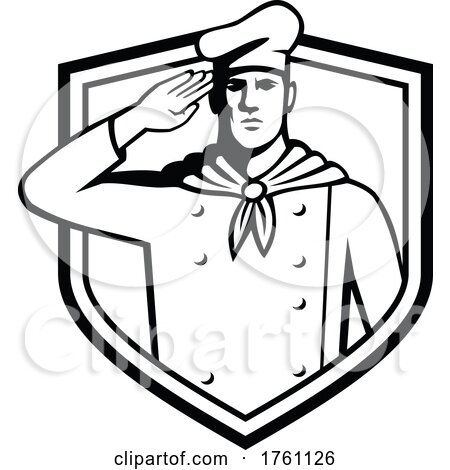 Military Chef Cook Saluting Front View Set Inside Crest Retro Black and White Style by patrimonio