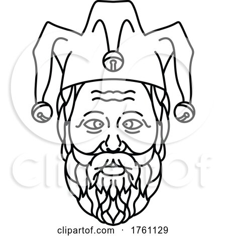 Head of Cross Eyed Old Court Jester or Fool with Beard Mono Line Illustration Black and White by patrimonio