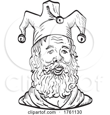 Old Court Jester or Fool Wearing Hat and Beard Viewed from Front Tattoo Drawing Black and White by patrimonio