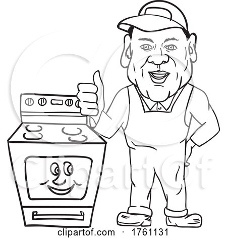 Oven Cleaner with Oven Thumbs up Cartoon Black and White Mascot by patrimonio