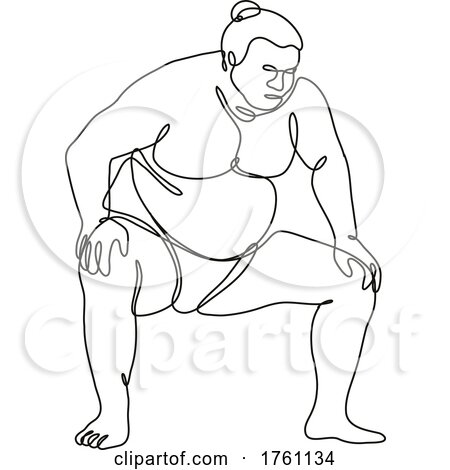 Sumo Wrestler or Rikishi Fighting Stance Side View Continuous Line Drawing by patrimonio
