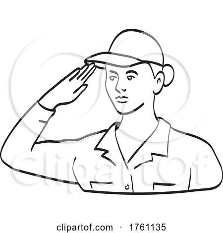 American Female Veteran Soldier or Military Personnel Saluting Line Art Drawing Black and White by patrimonio