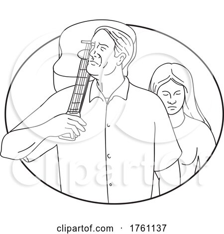 Musician or Guitarist with Guitar on Shoulder and Sad Woman Line Drawing by patrimonio