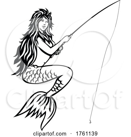 Mermaid or Siren with Fishing Rod and Reel Fly Fishing Mascot Black and White Retro by patrimonio