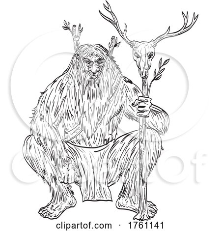 Basajaun or Lord of the Woods in Basque Mythology Squatting with Staff of Deer Skull Drawing by patrimonio