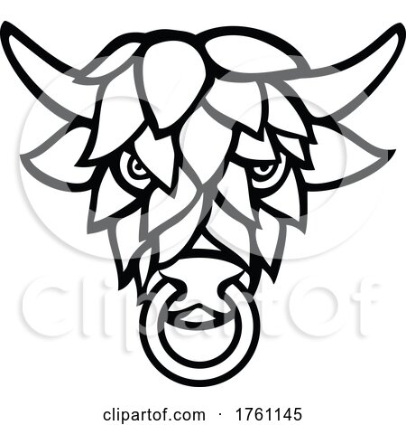 Short Horned Bull Head with Beer Hop Face Front View Mascot Black and White Retro by patrimonio