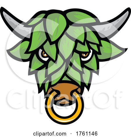 Green Short Horned Bull Head with Beer Hop Face Front View Mascot Color Retro by patrimonio
