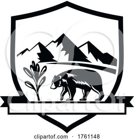 American Black Bear Walking with Sage Herb Plant and Mountains Set Inside Crest Shield Retro Black and White by patrimonio
