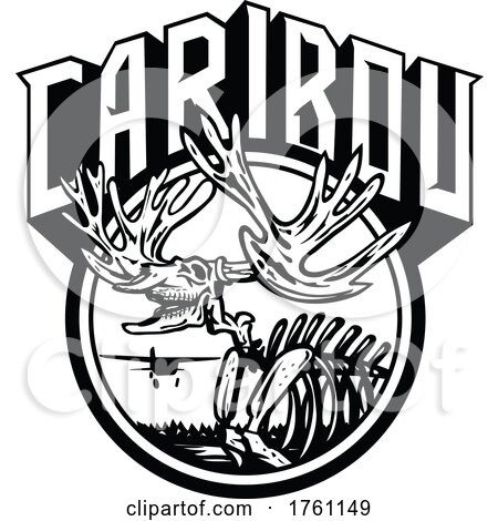 Caribou or Reindeer Skull Skeleton Roaring with Airplane and Lake Set Circle Retro Style Black and White by patrimonio