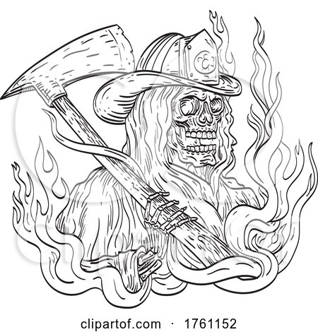 Grim Reaper Wearing a Fireman Firefighter Helmet Hat with Fire Axe Smoke and Fire Tattoo Drawing Black and White by patrimonio