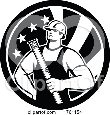 American Carpenter Holding Spirit Level with USA Flag Circle Icon Retro Blacka and White by patrimonio