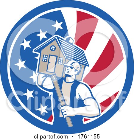American Builder Carrying House with Spirit Level and USA Flag Circle Icon by patrimonio
