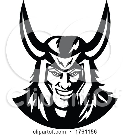 Head of Loki the Great Trickster God in Norse Mythology Mascot Black and White Retro by patrimonio