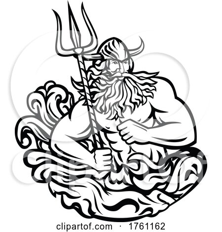 Aegir Hler or Gymir God of Sea in Norse Mythology with Trident and Waves Mascot Black and White Retro by patrimonio