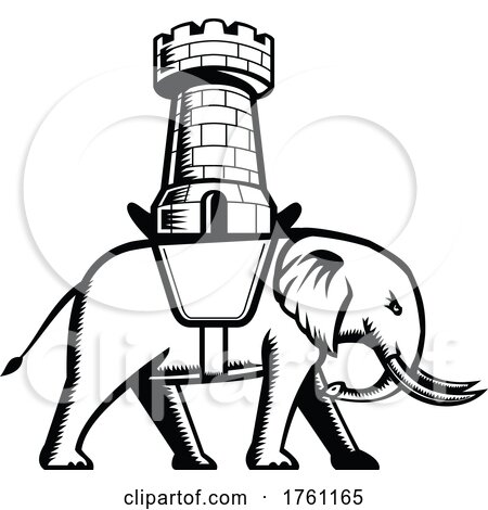 Elephant Wearing Saddle with Castle or Single Tower on Top Retro Woodcut Style Black and White by patrimonio