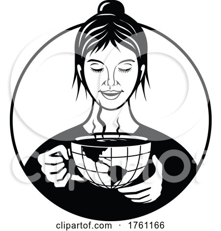 Female Holding and Drinking a Cup of Coffee Made of Globe with Map of America by patrimonio