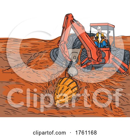 Mechanical Digger Laying Drill Bit for Directional Boring with Attached Empty Service Conduits Drawing by patrimonio