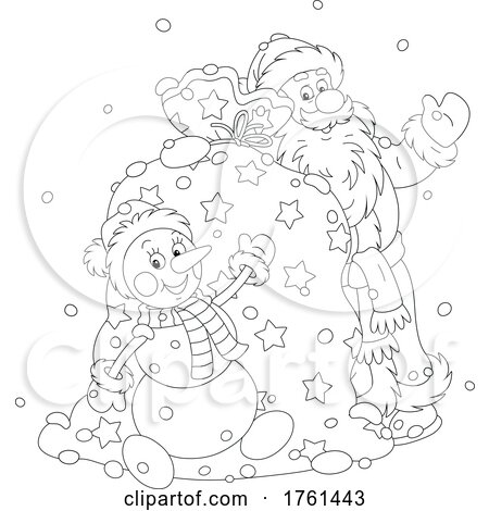 Black and White Santa Claus and a Snowman with a Sack by Alex Bannykh