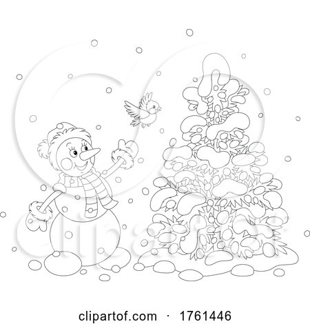 Black and White Happy Snowman and Bird with a Snow Flocked Tree by Alex Bannykh