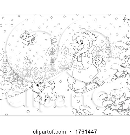 Black and White Happy Snowman and Dog Playing with a Sled by Alex Bannykh
