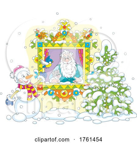 Santa with a Kitten in a Window with a Snowman Bird and Tree Outside by Alex Bannykh