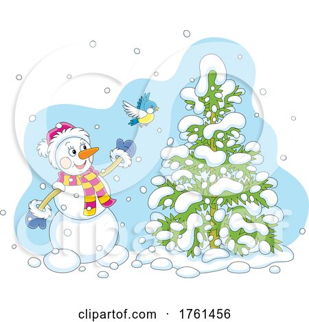 Happy Snowman and Bird with a Snow Flocked Tree by Alex Bannykh