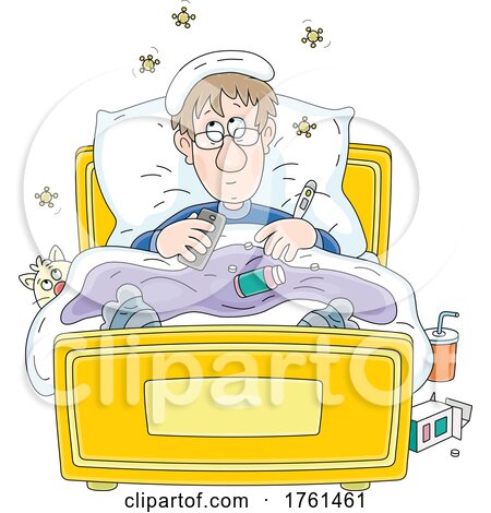 Sick Man Holding His Phone in Bed by Alex Bannykh