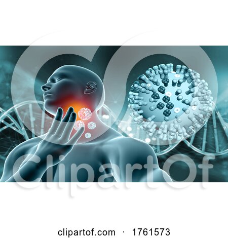 3D Medical Background with Male Figure Holding Throat in Pain with Flu Virus Cells by KJ Pargeter