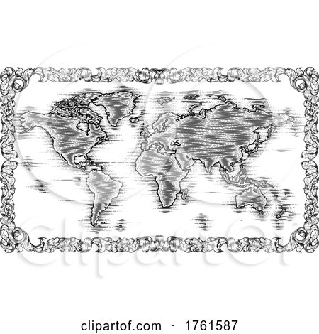 World Map Drawing Old Woodcut Engraved Style by AtStockIllustration