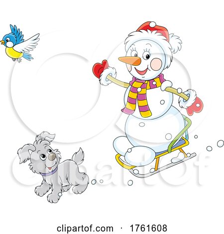 Snowman Sledding with a Dog and Bird by Alex Bannykh
