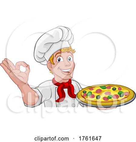 Chef Pizza Cook Man Cartoon Peeking over Sign by AtStockIllustration