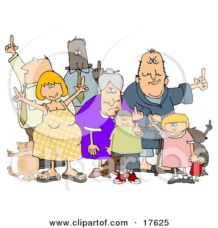 Group Of Angry People Of All Ages And Mixed Ethnicities, Standing With A Dog And A Cat And Flipping People Off Clipart Illustration by djart