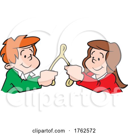 Cartoon Boy and Girl Holding a Turkey Wishbone by Johnny Sajem
