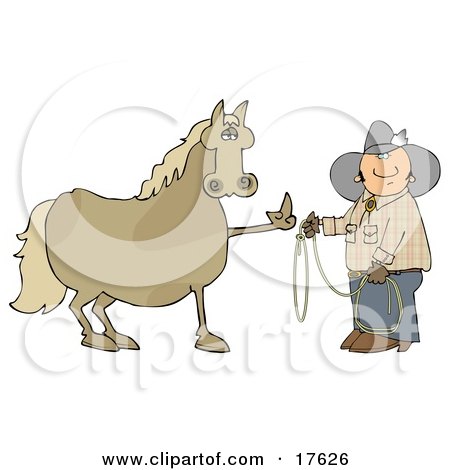 Fussy And Angry Brown Horse Flipping Off A Confused Cowboy Who Is Trying To Put A Lasso Around Him Clipart Illustration by djart