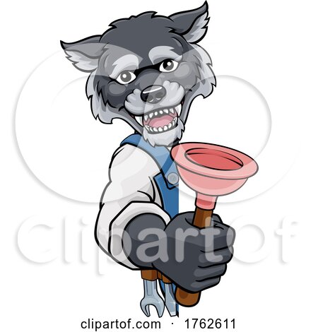 Wolf Plumber Cartoon Mascot Holding Plunger by AtStockIllustration
