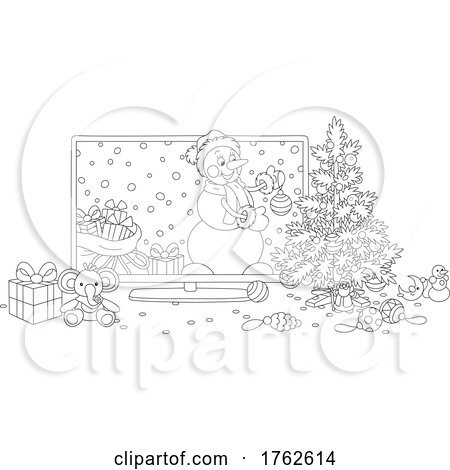 Black and White Snowman Emerging from a TV and Decorating a Christmas Tree by Alex Bannykh